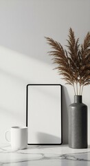 Modern Minimalist Home Office Desk Setup with Mockup Tablet, White Mug, Pampas Grass in Grey Vase, Marble Surface, White Wall Background