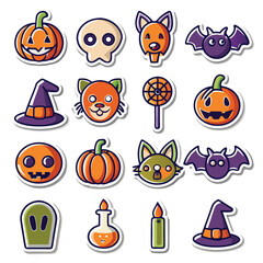 Naklejka premium Cute halloween stickers collection featuring pumpkins bats skulls cats candles and witch hats for spooky designs