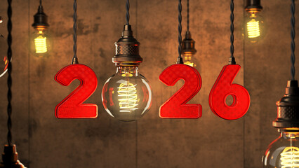 New Year 2026 Creative Design Concept with CFL Bulb - 3D Rendered Image