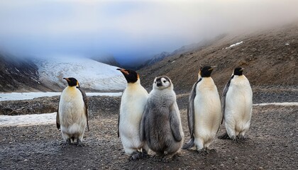 Vibrant Cluster of Emperor Penguin Chicks Frolicking on the Icy Spires of an Antarctic Iceberg, Majestically Framed by a GlacierKissed Backdrop.