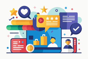 A flat vector illustration of five business people holding large golden stars, symbolizing teamwork, customer satisfaction,