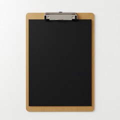 Obraz premium Wooden clipboard with black paper isolated on white background