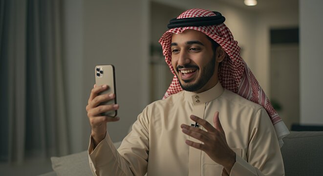 Smiling Arabian man video calling on smartphone