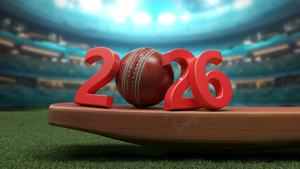 New Year 2026 Creative Design Concept with cricket ball - 3D Rendered Image