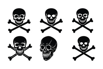 Set of black and white skulls with crossed bones for halloween and danger design