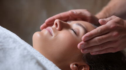 Mujer recostada con los ojos cerrados recibiendo sesión de reiki o sanación energética con manos sobre su rostro