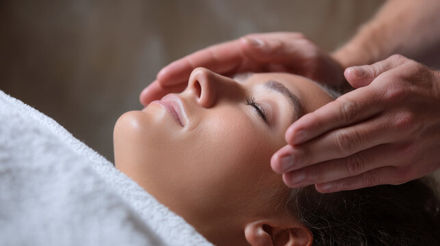 Mujer recostada con los ojos cerrados recibiendo sesi&oacute;n de reiki o sanaci&oacute;n energ&eacute;tica con manos sobre su rostro

