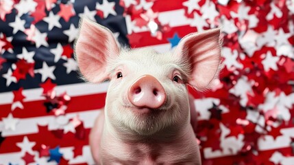 A charming pig celebrating with a flag of usa on independence day on 4th of july america flag confetti background generative ai. A delightful swine enjoys patriotic festivities a vibrant