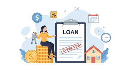 Flat vector illustration of financial success: a woman holds house keys while sitting on a stack of gold coins, with an 'Approved' loan document for a house in the background
