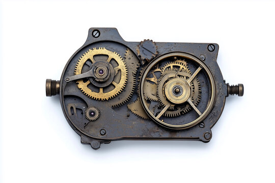 Vintage pocket watch mechanism with metal gears on white background