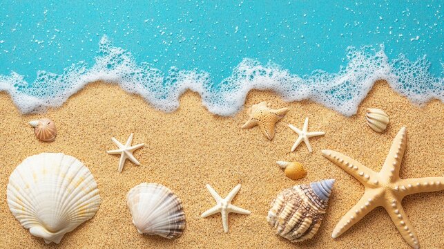 A beach scene with seashells and starfish on a sandy beach with a blue ocean wave in the background.