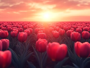 Vibrant red tulips field at sunrise