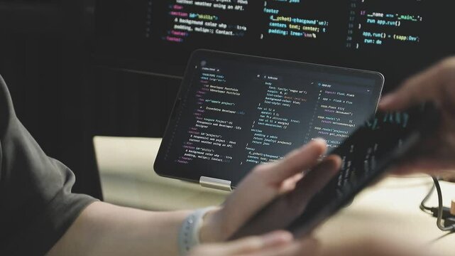 Young adult Asian female software developer coding program on desktop computer. Woman work from home, remote working, freelance programmer job, smart digital nomad lifestyle concept. Close Up