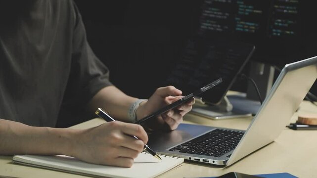 Young adult Asian female software developer coding program on desktop computer. Woman work from home, remote working, freelance programmer job, smart digital nomad lifestyle concept. Close Up