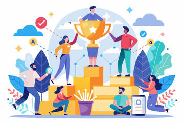 A flat vector illustration of five business people holding large golden stars, symbolizing teamwork, customer satisfaction, five-star ratings, and positive reviews. 