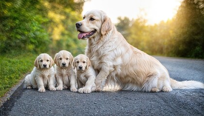 Jovial Duo Golden Retriever Labrador on a Vibrant Roadside Adventure at Sunset, Capturing the Joyful Spirit of Two Beloved Canines amidst WideOpen Spaces and Serene Landscapes.