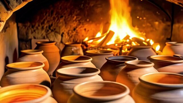Handmade clay pots sitting in front of a burning fire in an oven in pottery studio workshop
