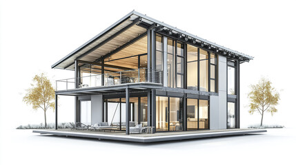 Modern steel frame house with large windows and open spaces, showcasing contemporary design