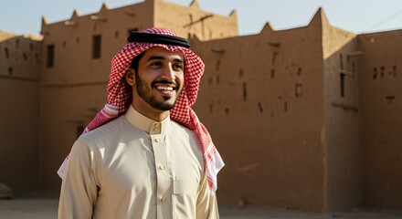 Smiling Arabian Man in Traditional Clothing near Old Mud-Brick Building
