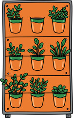 Cartoon Vertical Garden with Potted Plants Illustration – Indoor Plant Wall Display for Home Decor and Green Living

