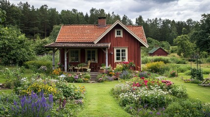 A quaint, red-roofed cottage with a garden in front, surrounded by lush greenery and a cloudy sky in the background.