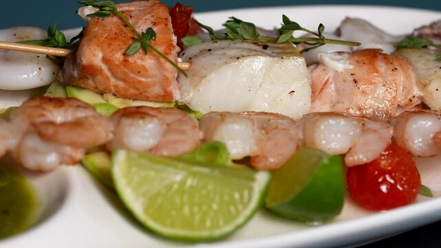 Juicy shrimp, salmon, and white fish skewers served with lime slices, cherry tomatoes, and herbs.