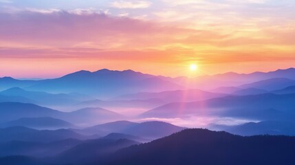 A vibrant, colorful sunrise over a mountain range with a dense forest in the foreground and a clear sky with a few clouds.