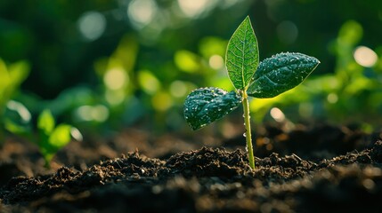 A young plant with green leaves growing from a soil patch in a garden, with a blurred background of other plants and sunlight filtering through the leaves.