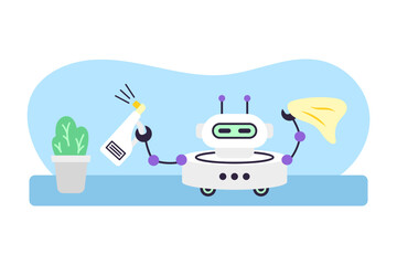 Cute robot cleaner waters flowers and wipes dust. Artificial intelligence robot assistant. Cleaning and smart home concept. Isolated vector illustration.