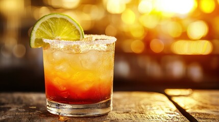 A cocktail with a lime wedge and salt rim, placed on a wooden table with a blurred background of a dimly lit bar.