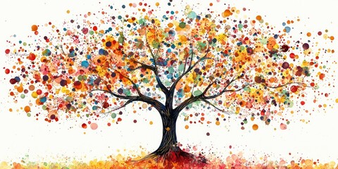 A colorful tree with autumn leaves, set against a white background, with a person standing in the foreground.