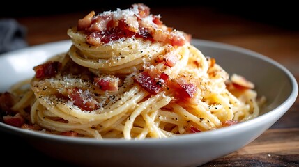 Fototapeta premium Spaghetti Carbonara with Crispy Bacon and Parmesan Cheese