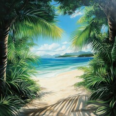 A serene beach scene with palm trees, a sandy path, and a clear blue sky.