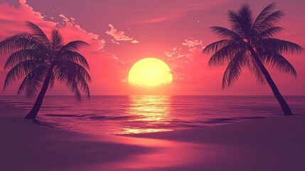 Two palm trees silhouetted against a vibrant, pink and orange sunset sky, with the ocean in the foreground and a sandy beach extending into the distance.