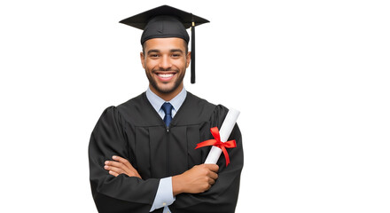 Smiling Black Graduate in Gown Holding Degree Portrait of Confident Graduate in Cap and Gown with Degree isolated on transparent background Generative Ai PNG
