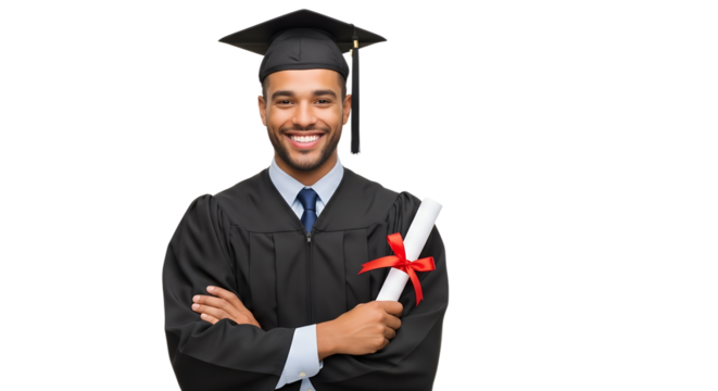 Smiling Black Graduate in Gown Holding Degree Portrait of Confident Graduate in Cap and Gown with Degree isolated on transparent background Generative Ai PNG
