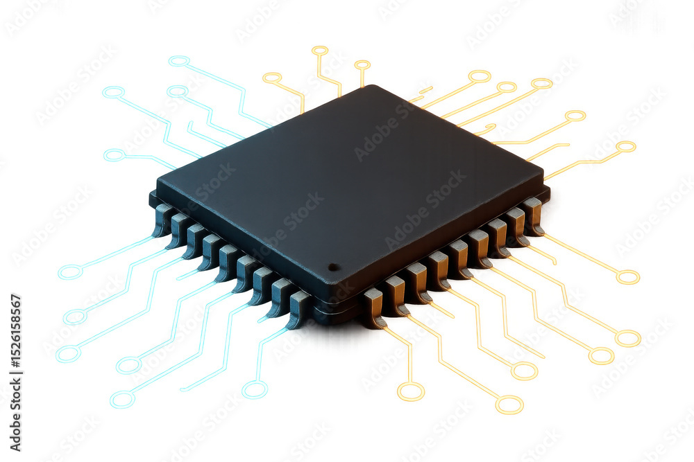 Poster glowing cpu microchip connecting digital circuits, showcasing technological processing and innovativ
