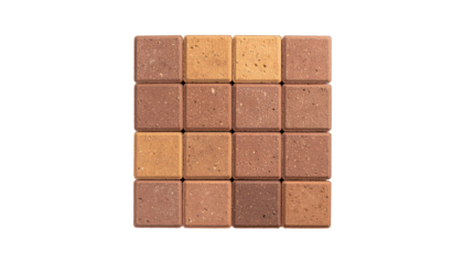A square arrangement of 16 brown and tan chocolate squares with a textured, slightly grainy surface.