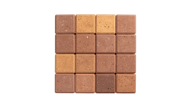A square arrangement of 16 brown and tan chocolate squares with a textured, slightly grainy surface.