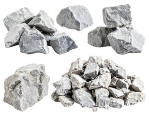 Obraz premium Various gray limestone rocks and fragments displayed in several piles, exhibiting rough and angular textures.