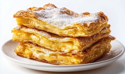 Delicious custard pastries, dusted with powdered sugar, on a white plate against a white background; perfect for food blogs or recipe websites