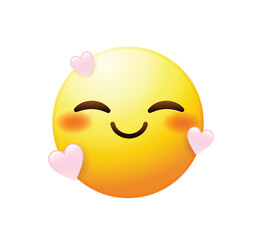 Blushing emoticon with pink hearts vector illustration isolated. Love emoji icon.