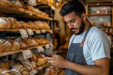Young Hispanic man with a beard checks his mobile phone while standing in a bakery surrounded by freshly baked bread in the morning