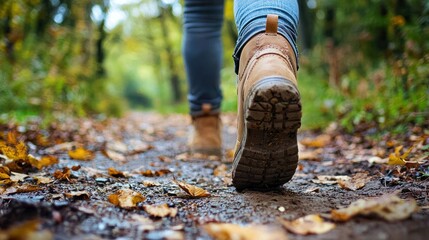 A person walking on a forest trail with autumn leaves on the ground.