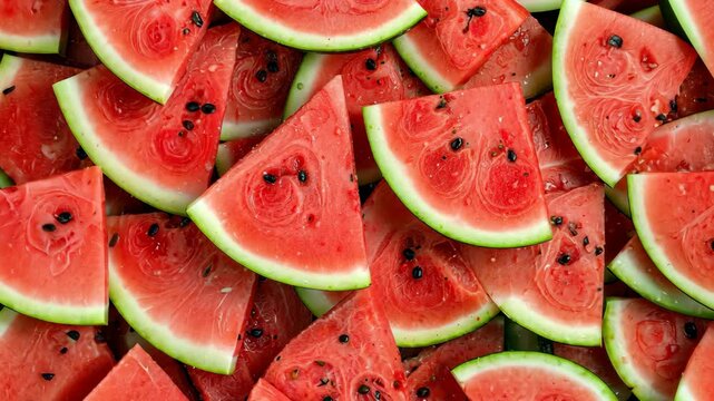 Freshly cut watermelon slices arranged to form a visually appealing backdrop.
