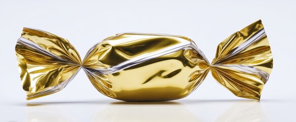The shiny gold candy wrapped in foil on a clean white background.