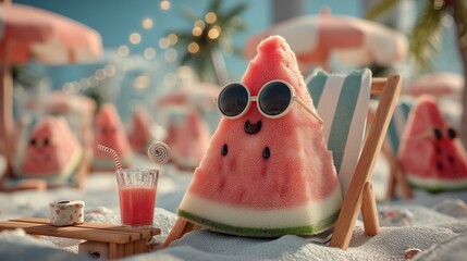 Chill Watermelon Character at Beach