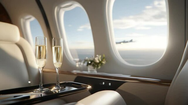Luxury flight celebration champagne flutes inside private jet aircraft travel
