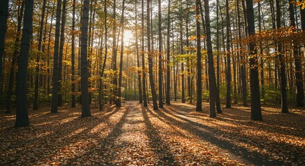 a forest with lots of leaves on the ground