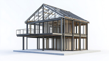 Obraz premium modern steel frame house showcasing lightweight metal framework and large glass windows
